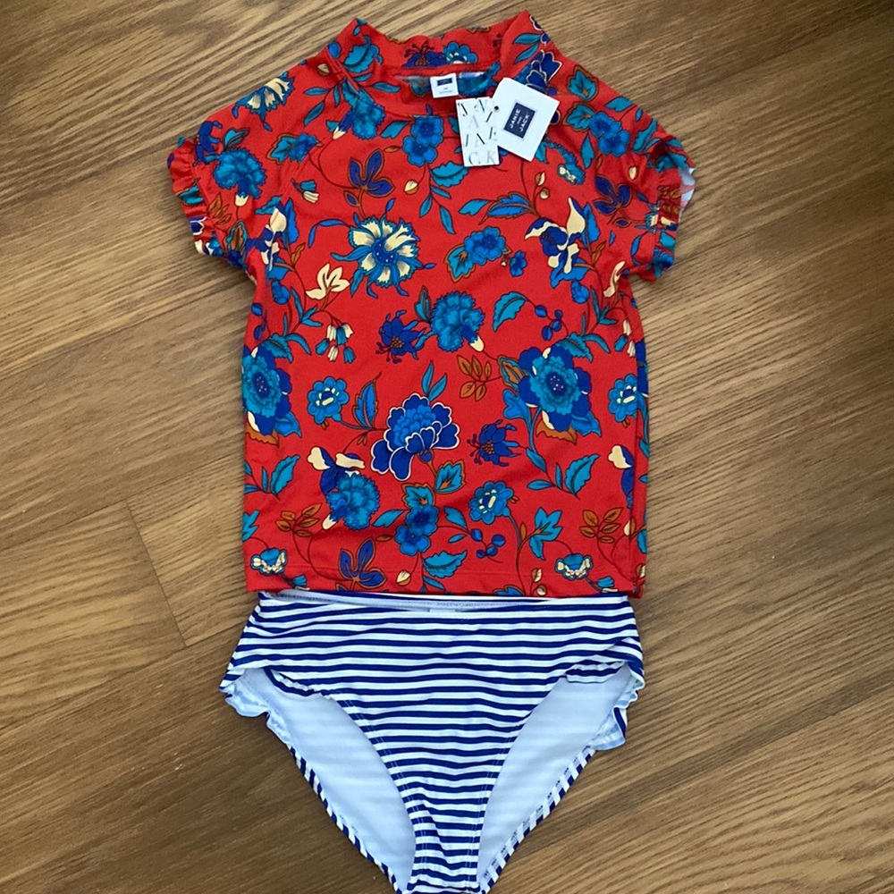 New Janie and Jack Red Floral & Stripes two Piece Rash Guard Swim Set Size 10